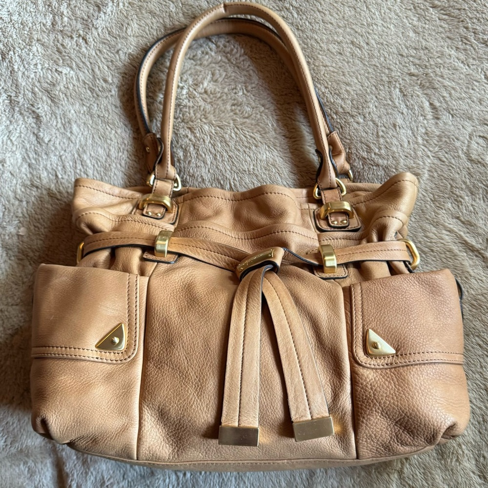 B Makowsky tan glove leather double handled belted shoulder bag.  New.